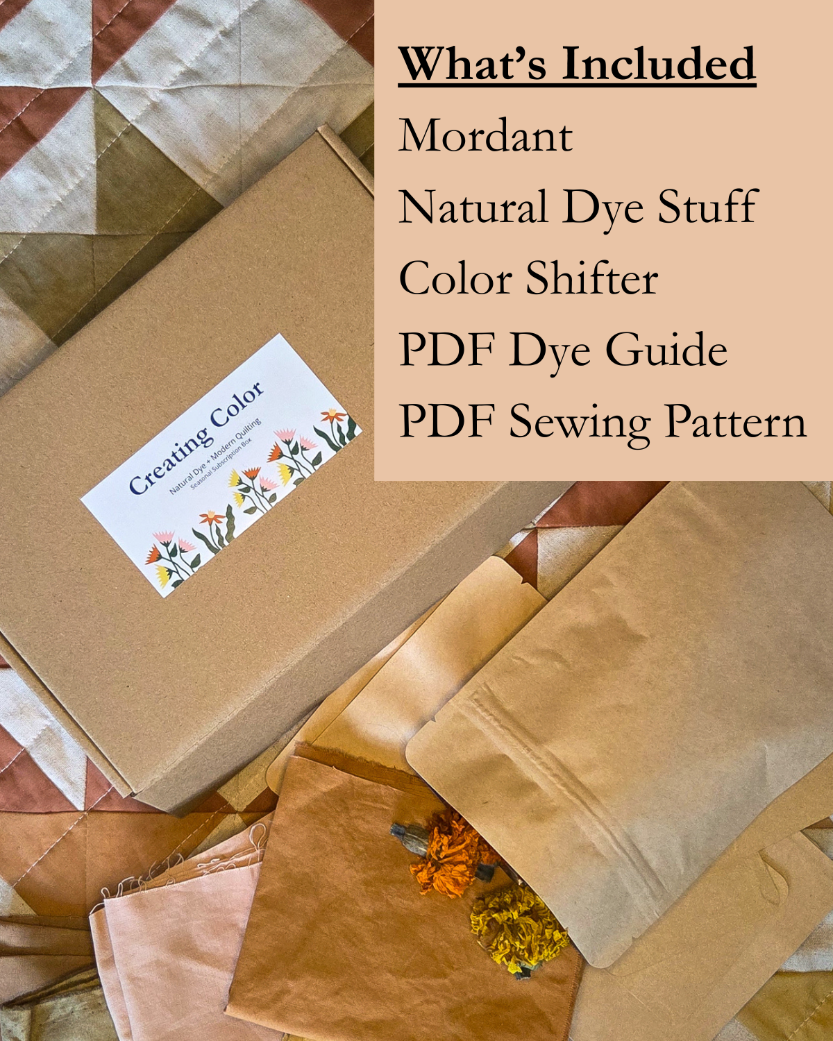 Box with natural dye materials and naturally dyed fabric on a quilted fabric background.